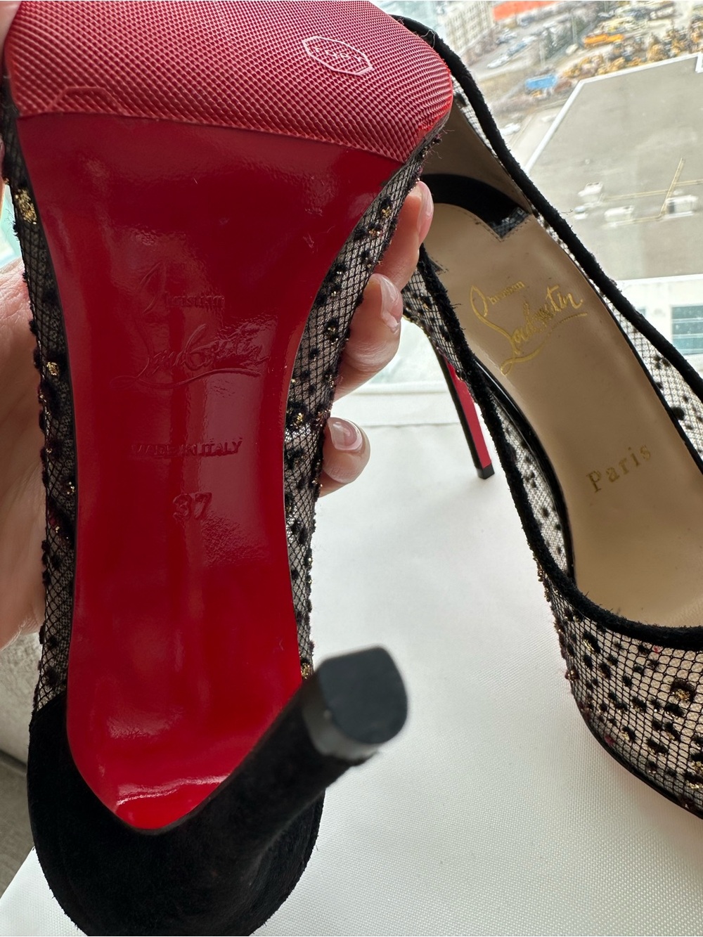 Christian Louboutin Black Mesh Crystal-Embellished Pointed-Toe Stilettos - Picture 2 of 4